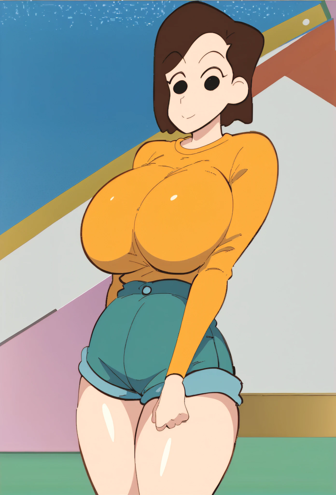 ((masterpiece, best quality)),(complex light), solo, solo focus, 1girl, room, yellow shirt, jeans, long brown hair, skinny, cartoony, giant bulge, looking at viewer, nervous, sideview