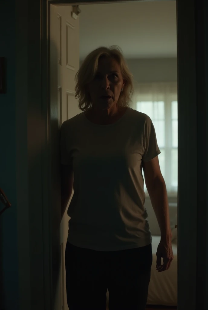 52-year-old woman, blonde, blue eyes with incredulous expression, dark atmosphere 