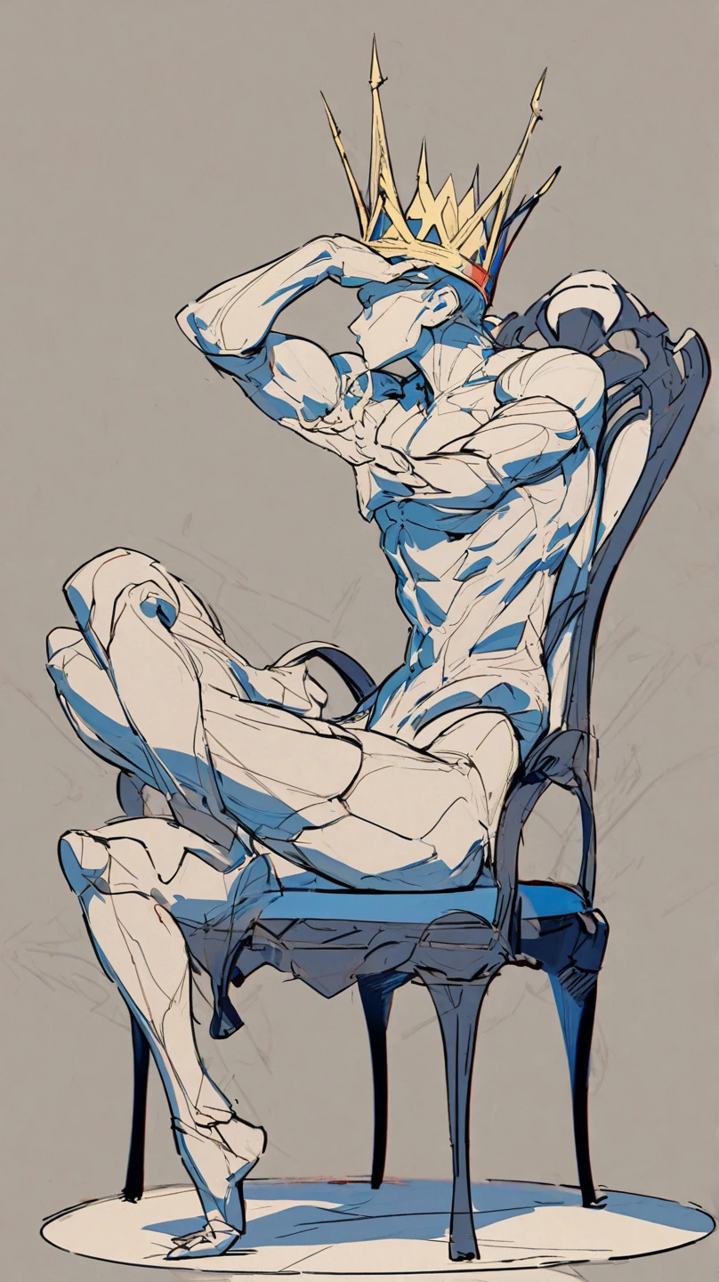 adult male, machoke, solo, sitting in an armchair with crossed legs, nude, smirk, smug,