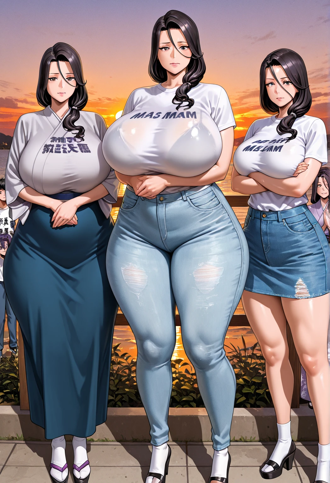 Best Quality,超A high resolution,1 adult female,Full body,Autumn leaves,city,, Blue hair,Green eyes,Tank Tops、Leather pants、Smile gently、(Huge bust:1.5)