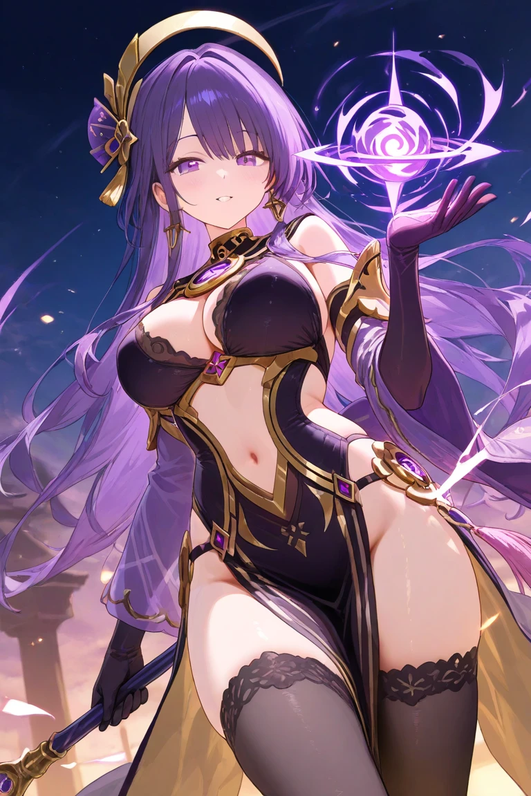 1 mature woman,,(Highest quality,Extremely detailed depiction,Incredibly absurd high resolution,Anatomically accurate depiction,Curvy Legs,Shiny skin),(Sexy fortune teller),(A face veil that hides the mouth:1.5),(Luxurious accessories,Earrings,necklace,Bracelet,Long gloves,Intricately crafted costumes,See-through,black tights),eyelash,(Purple Eyes,Detailed pupil,Half-closed eyes:1.5,Crazy Eyes,There is cleavage in the chest,Wicked Smile,shiny purple lips),(Holding a mysteriously glowing crystal ball:1.3),background：Sea of stars:1.5,Mysterious atmosphere