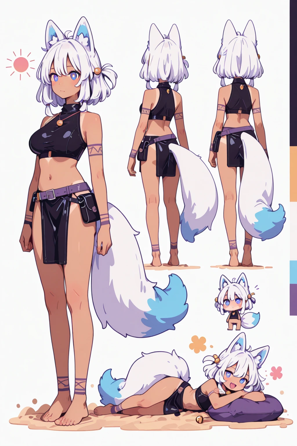 ( Absurdly , High quality , ultra detailed ) ,( hand detailed ) , 1girl, solo, mature, (concept art, character sheet), absurdres(highly detailed beautiful face and eyes)perfect anatomy Solo, Young Female white fox-cat (((lean-body))) (((medium breasts))) (short snout),(((fur (black stripe) between neck and shoulder towards chest))) ((fur (black stripes) on waist))(ears are darker), ((violet eyes)), (cat tail (black at end)), (white hair (single-braided)), ((Female wolf)) thighs, (detailed eyes) (clevedge, (collarbone, shoulders), (solo, (1girl)) ((((fluffy white fur)))) ((extremely detailed fur)) ((hair in face)) (big braid), (thin long tail) (extremely detailed eyes) (((concept art, character sheet, (multiple views)))), (black short shorts) (black sports bra), white hands, multiple emotions