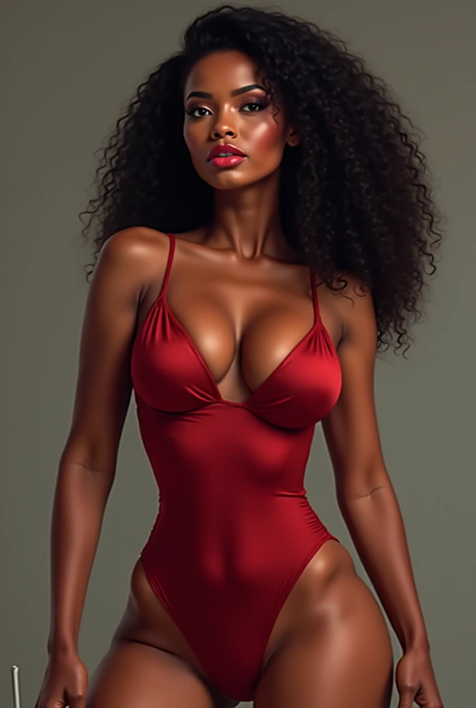 black skin, dark tan skin, melanin pigmentation of the skin, full body photography, she wears a red dress,, bulging crotch, NSFW cover fashion magazine