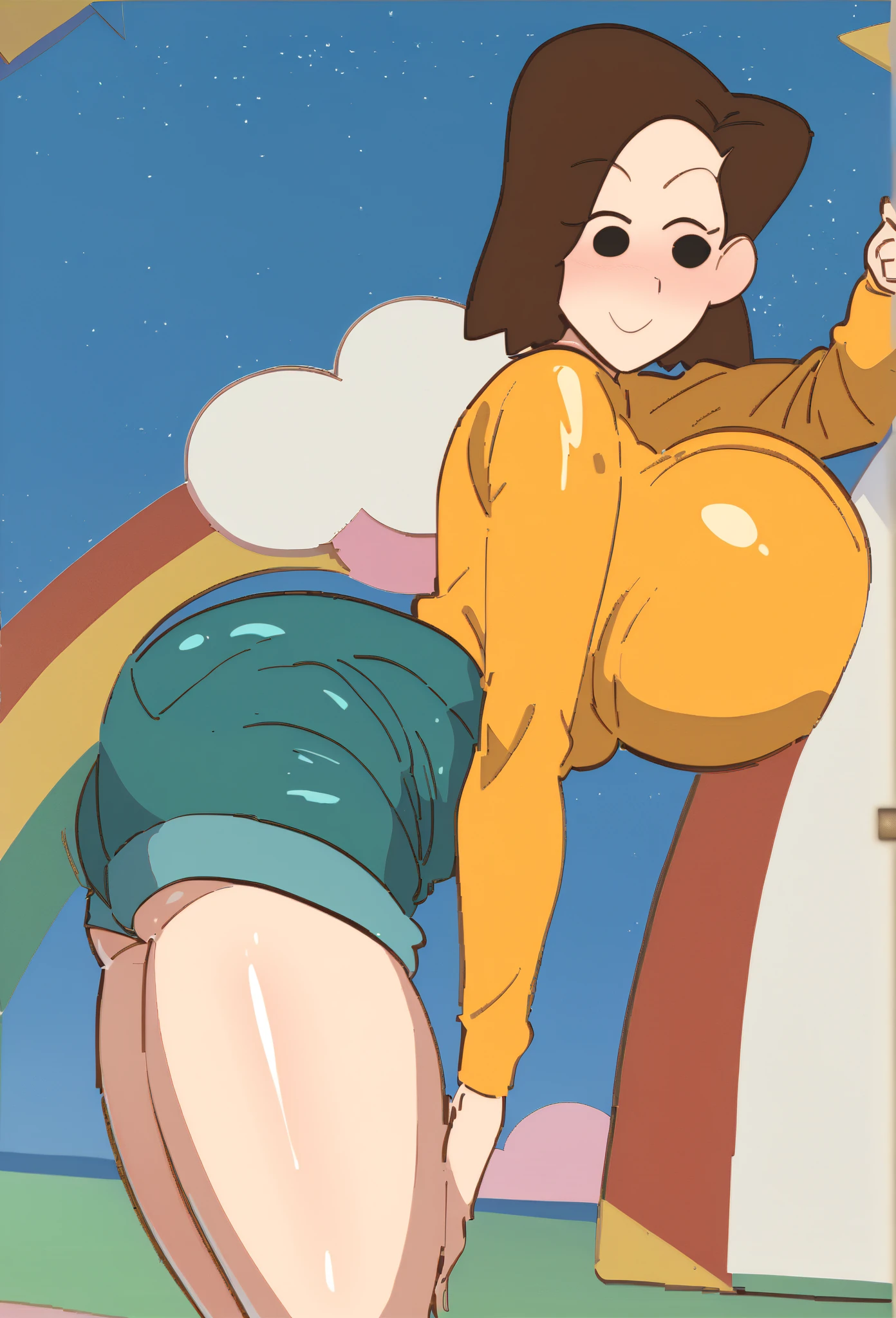 score_8, score_9, Alone, 1 girl, Heidi, short hair, Brown hair, blush stickers, outdoor, back view, Chibi, spread pussy, bottomless, Ahegao masturbating, sexy, creampie