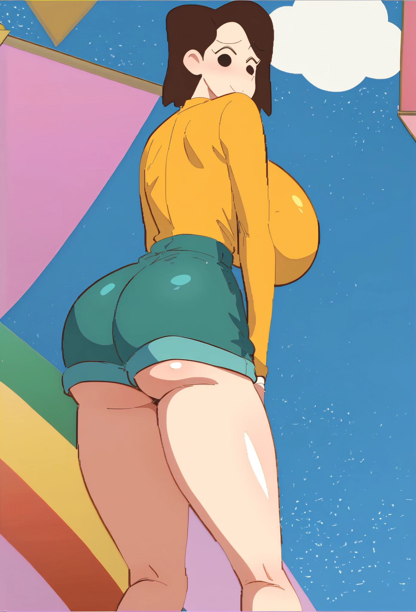 (Perfect body),Best Quality,(8K Portrait),(Official art)、(((muscular)))、(Police Hat)、embarrassed from、V-shaped eyebrows、(((blush))),(Sweat),((((large udder))))、((Big ass))、(Dark hair),((bob cuts)), blush,Short hair, (Yellow eyes),(((thick thighs)))、(Navy blue jacket)、(((Navy blue leotard)))、(((from behind)))、(posterior view)、(((Looking away)))、Squatting、In the street