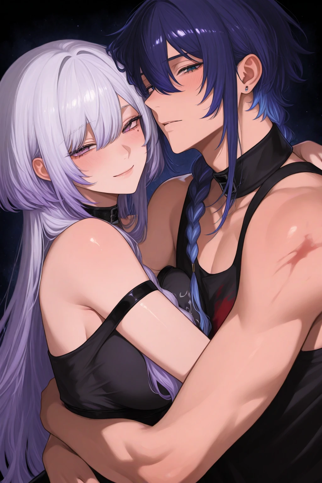 ((Couple with a girl:1.3)),Best Quality, Ultra High Resolution, Cute, (KPOP Idol), (Long Twintail), (Light Purple Hair:1), ((Big Eyes)), Looking at you,
BREAK ((cowboy shot:1.3)), Front View,A character with long, flowing silver hair and a slender build, wearing a black and white outfit that includes thigh-high boots and gloves. The character is in a dynamic pose surrounded by ethereal purple crystals and energy,
The character is in a dynamic pose surrounded by ethereal purple crystals and energy,A character with long, flowing purple hair, wearing a metallic top and black shorts with thigh-high boots. The outfit includes straps and belts, giving it a futuristic or fantasy style. The character is in a dynamic pose with radiant light or energy surrounding them, set against a minimalistic abstract background,