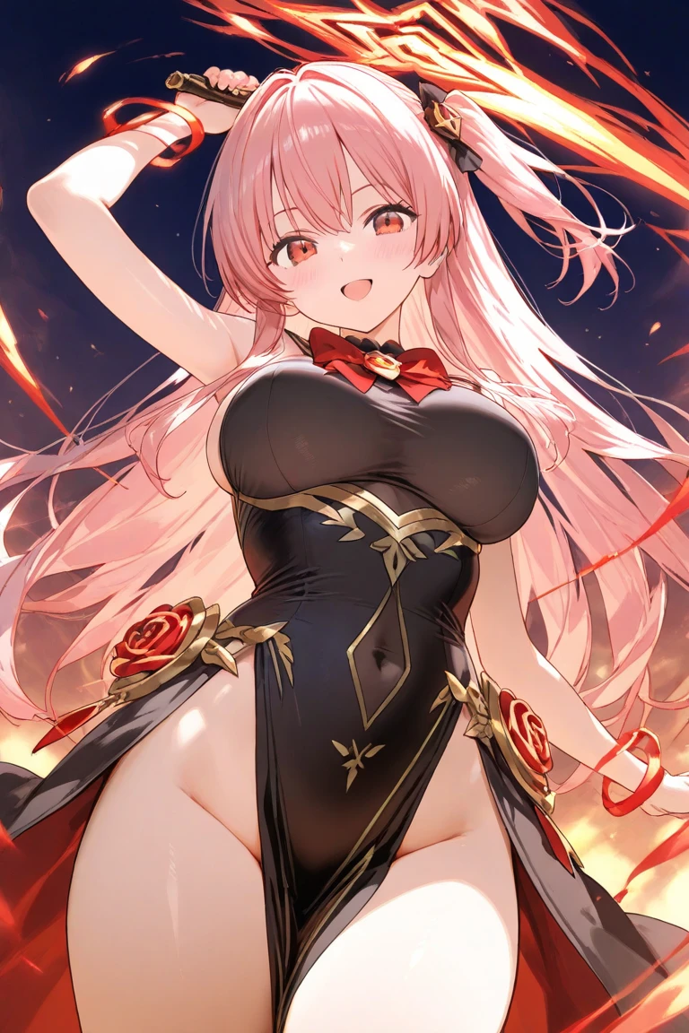 dancewear bright color, high-leg, high-slit, pink twin tails, standing on one leg, martial arts stance, dynamic pose, cleavage, emerald eyes with highlights, metallic hair ornament, bare legs