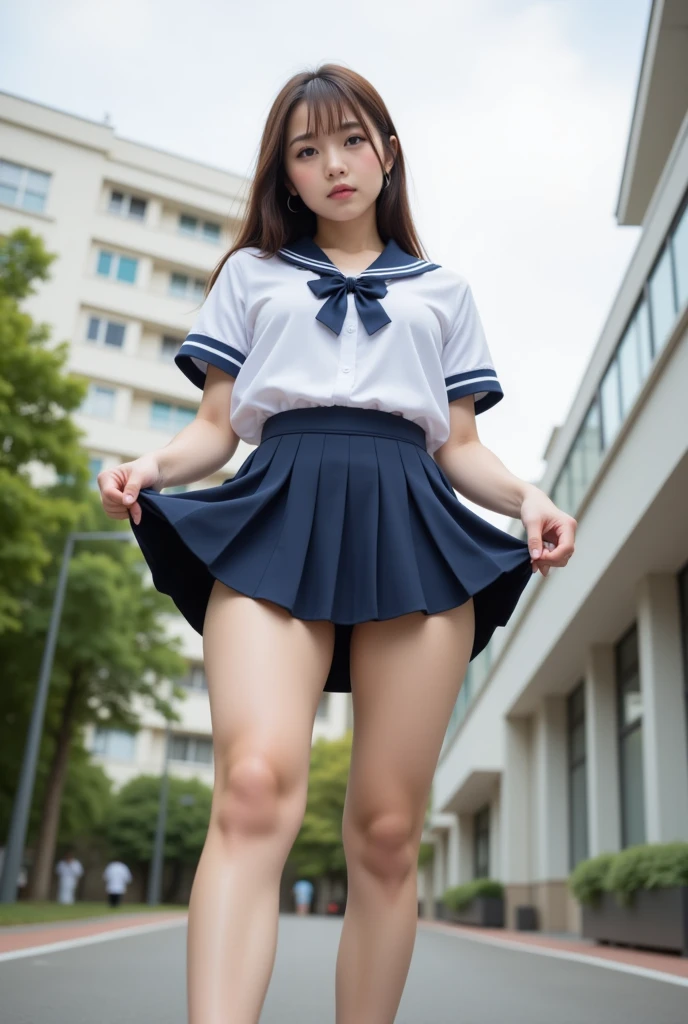 ,(In 8K,Tabletop,highest quality,Ultra-high resolution output images,),(Intricate details,),(Set the picture mode to Ultra HD),Detailed clothing features,Detailed hair features,Detailed facial features,((school uniform:1.3)), ((Sailor suit:1.3)), High school girls, cute, 16 years old, Red ribbon, Station stairs, The background is buildings, Full Body Shot, ((Knee Up:1.3)), Black pleated skirt, nsfw:1.5, ((spread legs:1.3)), ((Showing panties:1.3)), smile, (Brown medium hair,bangs), Nogizaka、cute、Flexible fingertips,Beautiful dark eyes、Natural skin texture:1.3, Realistic eye and facial details:1.7、Staring at the audience,Lift up the skirt, School Bags