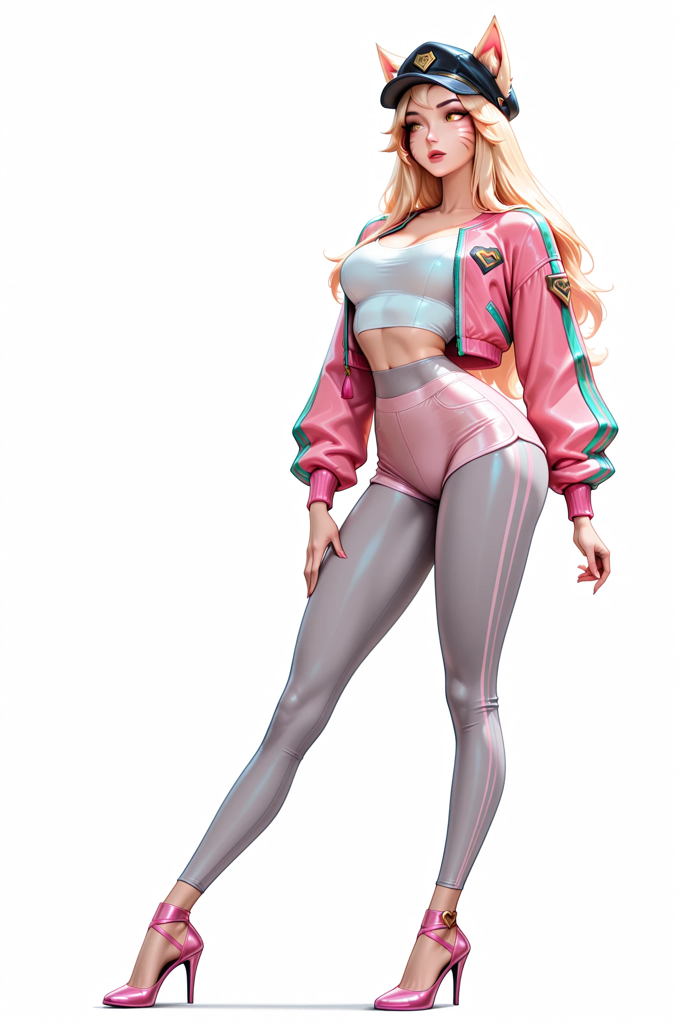 (thepit bimbo:1.0)), blue eyes, crop top, high thong, hoop earrings, detailed, skin texture, back-length hair, blonde hair, beestung lips, full body perspective, platform heels, collar, mini jacket, centered, tan skin, looking at viewer, kneesocks, 8k, highly detailed, glossy, [Nina Dobrev|Emma Stone], symmetric, realistic, photo-realistic,