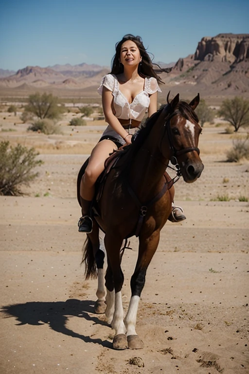 A girl with blue angel wings, riding a horse on the steppe, mouth open, sunlight shining on her face, eyes looking at the boy in front, her hair studded with tulips, her skin as white as peeled eggs, her hair long black braids, with large, seductive breasts. wearing a white thong, posing, surrounded by a vast prairie and horses grazing