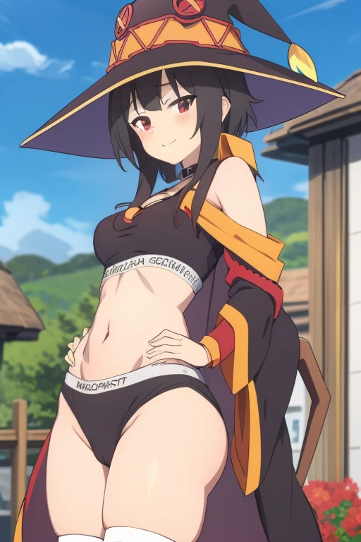 masterpiece, Megumin, short hair, standing, glowing skin, navel, naked(pulling her panties down), smile, looking at the viewer, shyness, tree, (from bottom: 1,2), cinematic lighting,