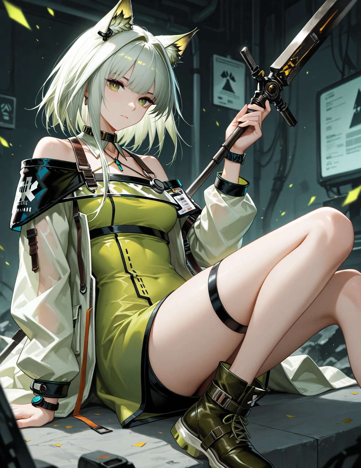 (masterpiece),(((best quality))), ((ultra-detailed)), (illustration), ((an extremely delicate and beautiful)),1girl, antlers, bangs, bags under eyes, breasts, expressionless, eyeliner, green eyes, grey hair, hair flaps, long hair, mole, mole under eye, ponytail, reindeer antlers, sidelocks, small breasts, solo,boots,rangers \(arknights\),absurdres,commentary,highres