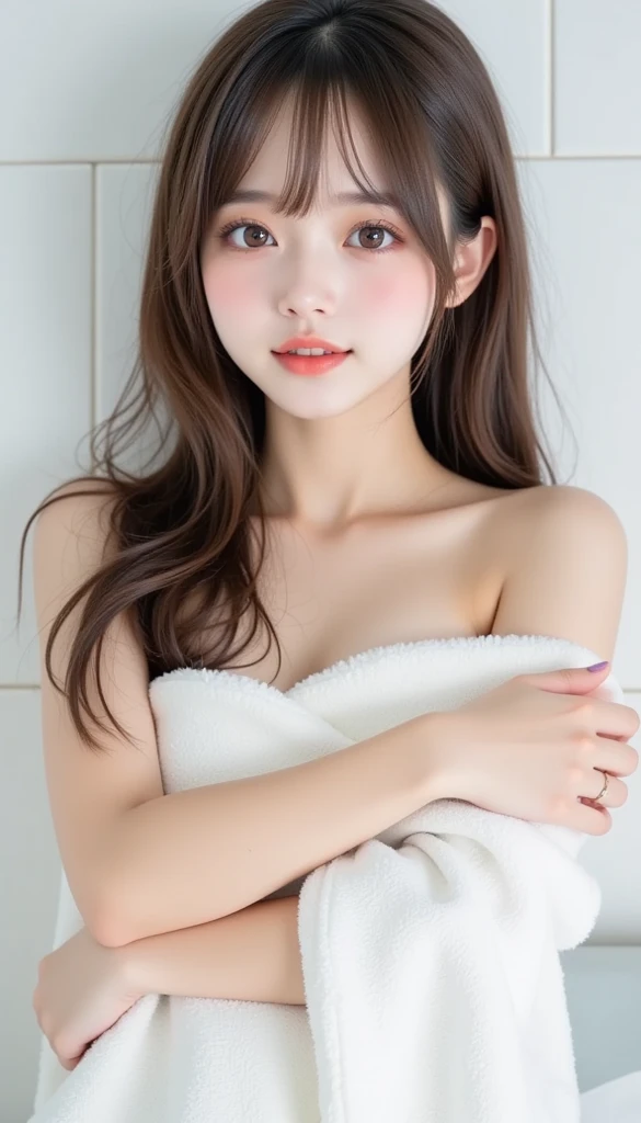 raphtalia, animal ears, brown hair, long hair, raccoon ears, raccoon girl, raccoon tail, (red eyes:1.5), tail, beauty, beautiful woman, perfect body, perfect breasts, using a towel, towel, white towel, in the room bath, tub, shower, looking at viewer, realism, slight smile, masterpiece, leather textured, super detailed, high detail, high quality, best quality, 1080p, 16k