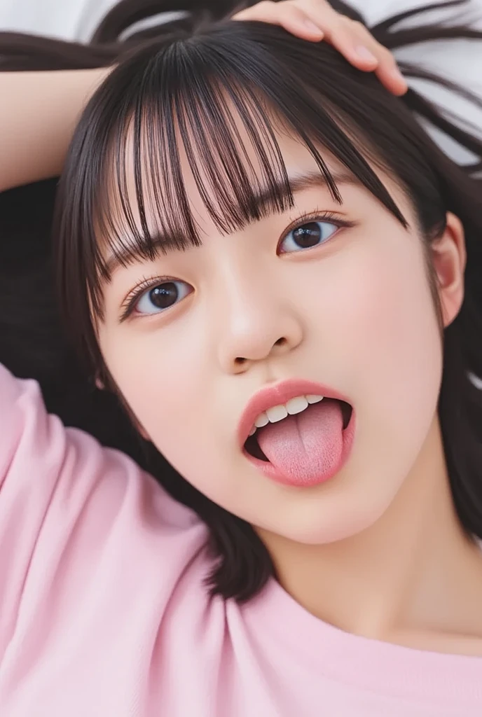 ,Short sleeved white shirt,Grey checked tie,Grey checked mini skirt,Navy blue socks,open mouth,tongue out,cum on tongue,Sitting on a black sofa,looking ahead,from above,flont view,face focus,open mouth,tongue out,(1girl,Beautiful 14 year old girl),((Slender,Small breasts,Small face,)),looking at viewer,Black Hair,bangs,Row Twin Tails,Beautiful and detailed,Mischievous smile,Dimly lit room,Simple Background,Gray background,Low lighting
