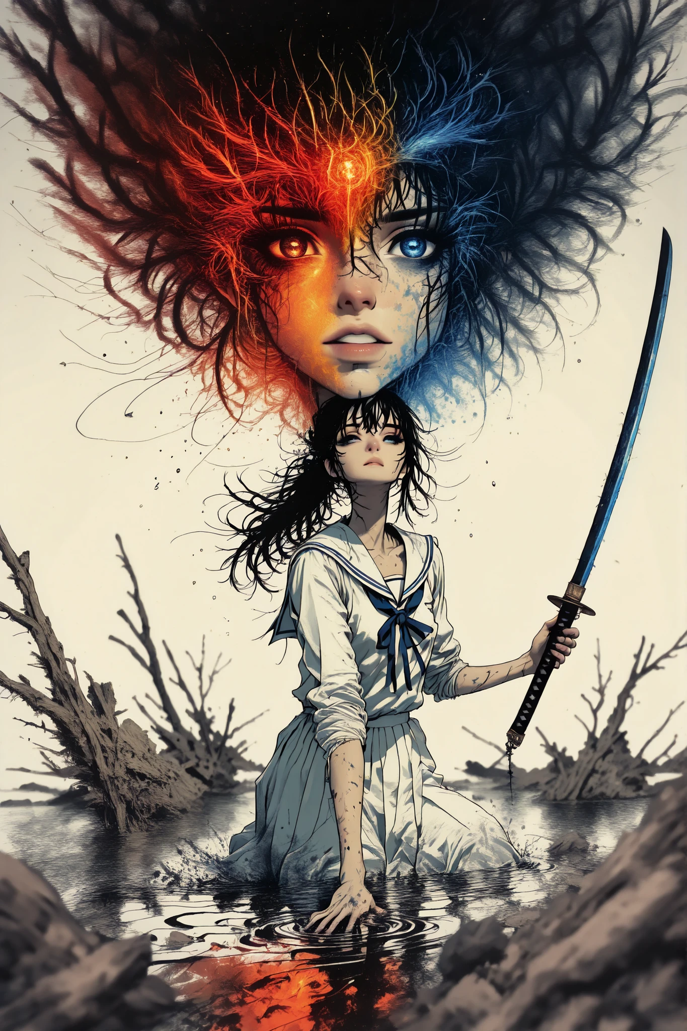 monochrome ink painting, , Dynamic full-length shot, which depicts a Japanese schoolgirl in a traditional summer sailor uniform, In the air, with a katana, her black hair in a flowing ponytail, following her, , uniform ripples from movement, body, gracefully curling, intense focus in her eyes

the blade permeates the air, leaving bright red traces, blue, and gold, ink of glowing colors, crossing the unsaturated sumi-e, surreal contrast between the monochrome world and the bright oblique stripes, expressive ink brush textures and sprinkled strokes, ,  Drops of ink , подвешенные In the air

минималистская разрушенная обстановка двора или крыши, blurred trees, , a slash washed with, or broken fences in the distance, background high artistic impact, dreamy atmosphere, poetic contrast, masterpiece, best quality