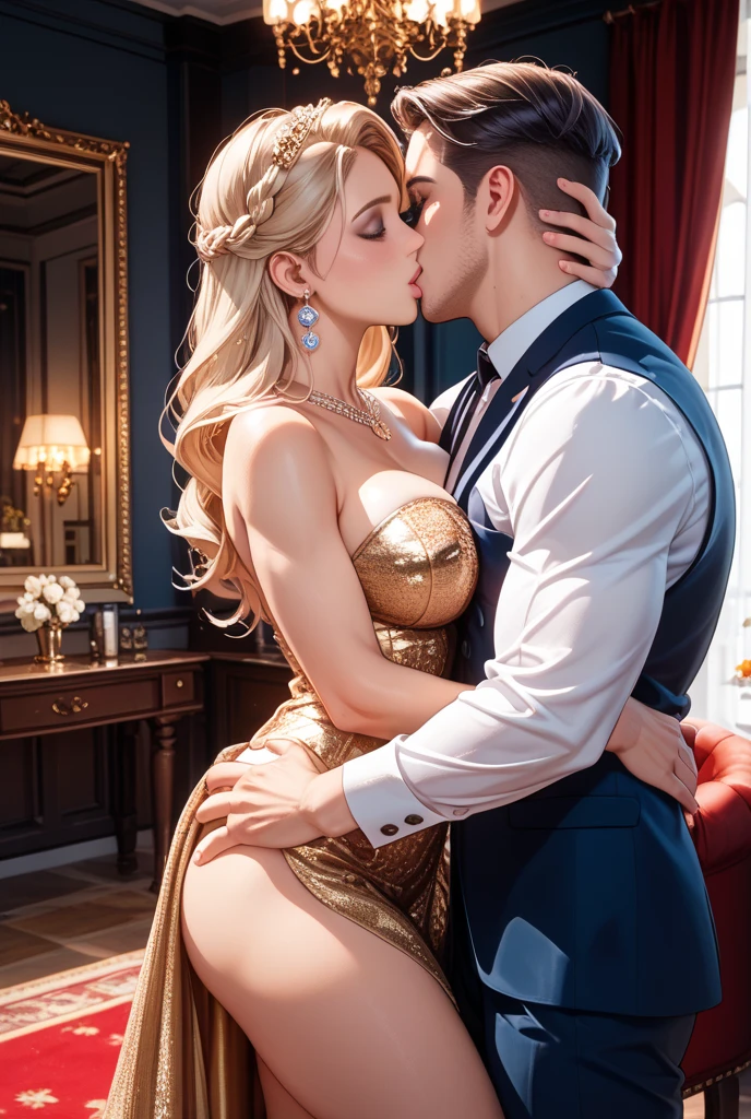 "(nsfw), In an exclusive lounge, dimly lit with soft jazz playing, a man name Masaki Tanaka, age 58,  a well-respected business tycoon, in a tête-à-tête with a beautiful hostess, age 22,  plush velvet upholstery and mahogany setting, in a photorealistic image, cinematic style, Masaki in a perfectly tailored suit, relaxed yet commanding posture, arm around the hostess's slender waist, sharp eyes reflecting golden light, sharing a private joke, hostess in a figure-hugging dress, leaning into Masaki, atmosphere electrifying with charisma, clink of glasses, shared laughter, mutual attraction, intimate yet public setting, 50mm lens, warm and intimate lighting, high resolution 8K, capturing the essence of sophisticated flirtation and elite lifestyle (cinematic style:1.4), (sophisticated flirtation:1.3), (elite lifestyle:1.2)"