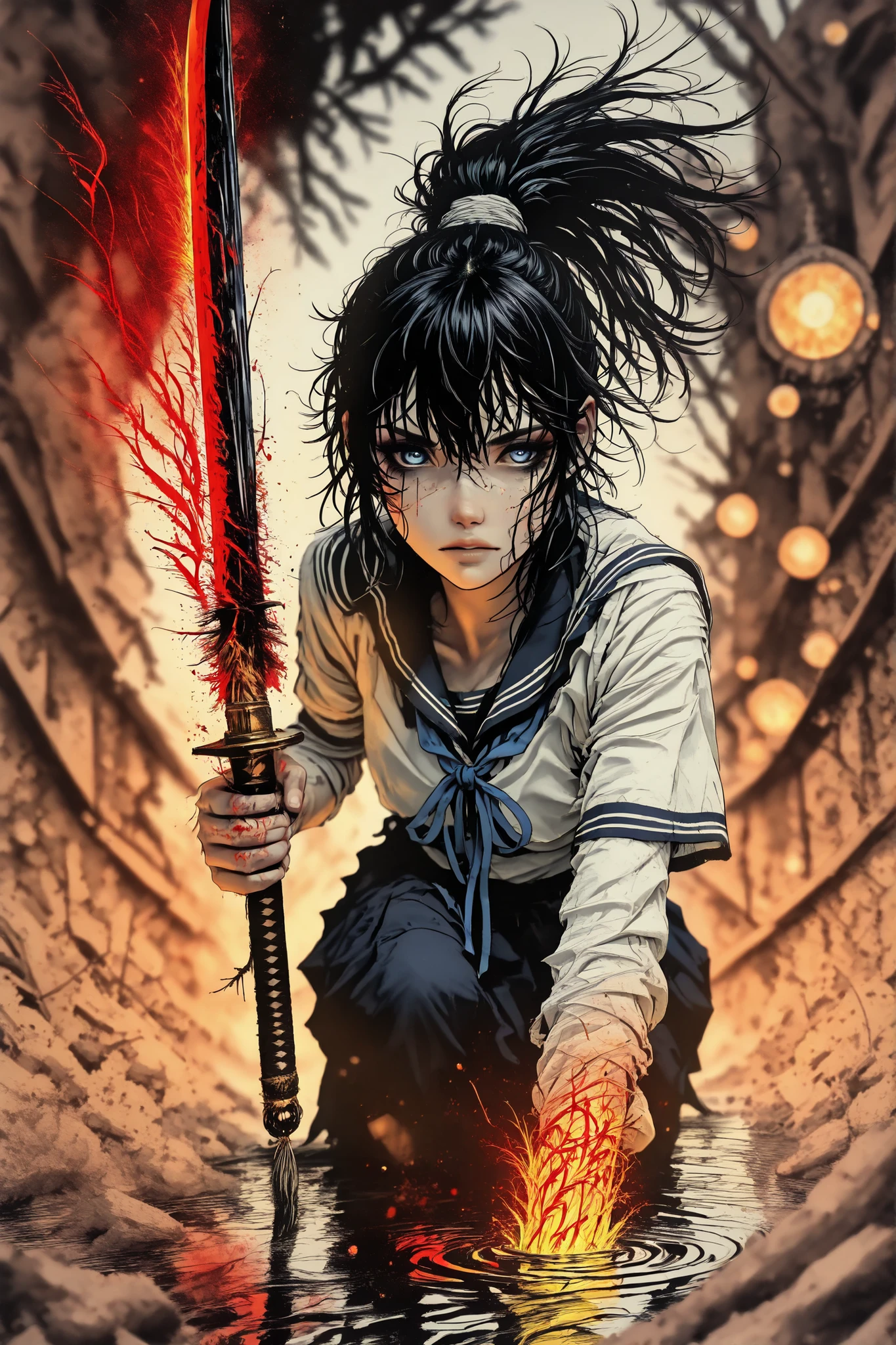 monochrome ink painting, , Dynamic full-length shot, which depicts a Japanese schoolgirl in a traditional summer sailor uniform, In the air, with a katana, her black hair in a flowing ponytail, following her, , uniform ripples from movement, body, gracefully curling, intense focus in her eyes

the blade permeates the air, leaving bright red traces, blue, and gold, ink of glowing colors, crossing the unsaturated sumi-e, surreal contrast between the monochrome world and the bright oblique stripes, expressive ink brush textures and sprinkled strokes, ,  Drops of ink , подвешенные In the air

минималистская разрушенная обстановка двора или крыши, blurred trees, , a slash washed with, or broken fences in the distance, background high artistic impact, dreamy atmosphere, poetic contrast, masterpiece, best quality