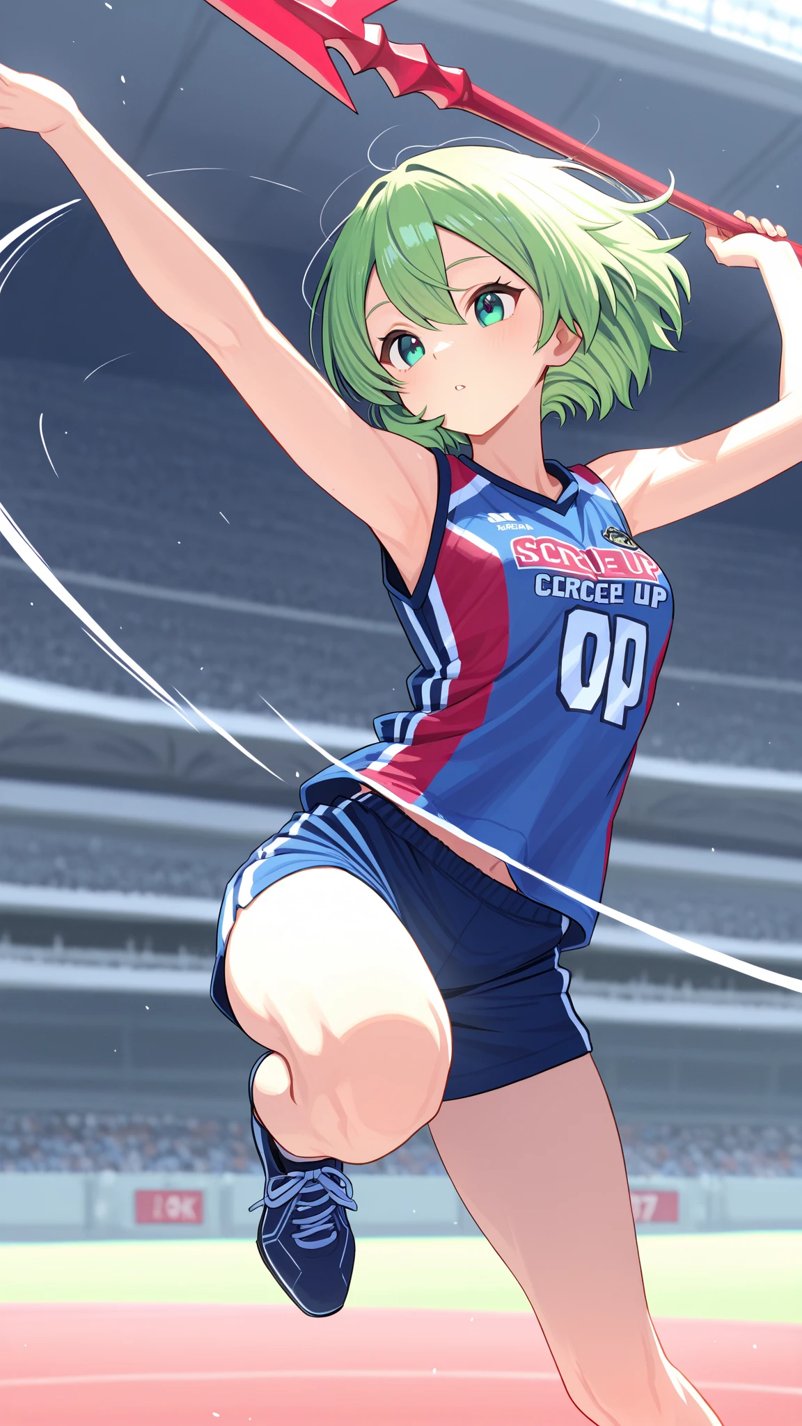 Girl with short green hair, Small size breasts,、Green Eyes, 、,Full body photo from head to toe、Volleyball Player、Volleyball Uniforms、、Uplifting、Leaning forward、、Hit the serve