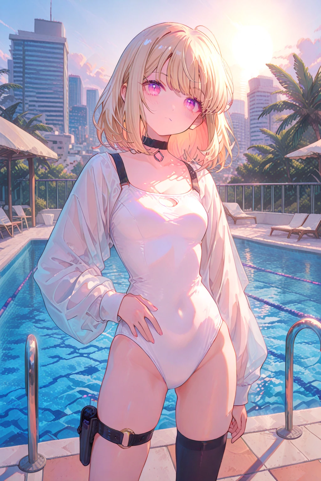 Slender beautiful girl, alone, school swimsuit, high resolution, top quality, fine details, do not blush cheeks, knee high, dynamic angles, cinematic lighting, rake up hair