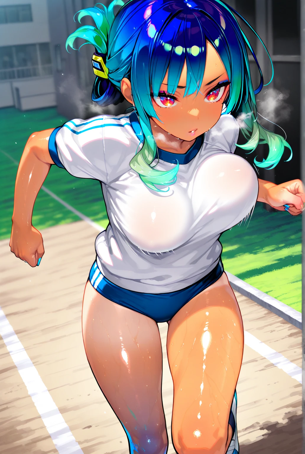 (solo short girl standing on school field), (very short tight brm), gym uniform, (bending back:1.4), (show off cameltoe for viewer:1.4), (bouncing unaligned disproportionately huge breasts:1.3), school buildings in background, nsfw, orgasm, screaming, excessive pussy juice squirting through brm toward viewer, (crying out with tears)