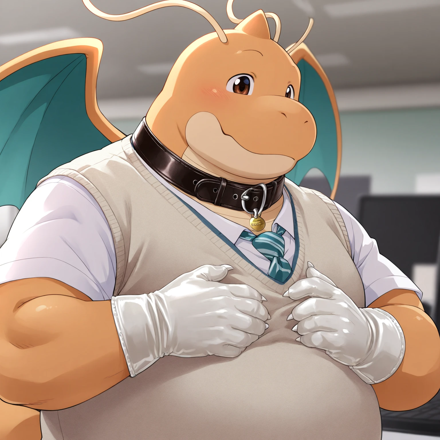 Yellow and white dragon, muscular, with yellow and white wings, herrero, with leather gloves, with leather apron