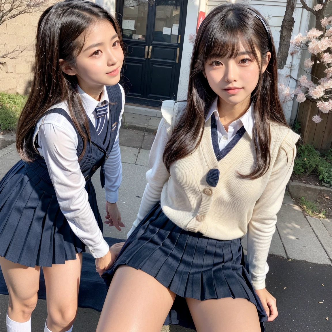 ((highest quality、8k、masterpiece:1.3)),((((fullbody shot)))),Ultra-high resolution,big eyes,Japanese,bangs,(a girl),(1 girl),((20 years old)),((facing at viewer)),(long hair),(((black sweater))),grin,((squatting)),((pleated mini skirt)),(((pussy))),((pubic hair)),((skirt lift)),(((black short crew socks)))