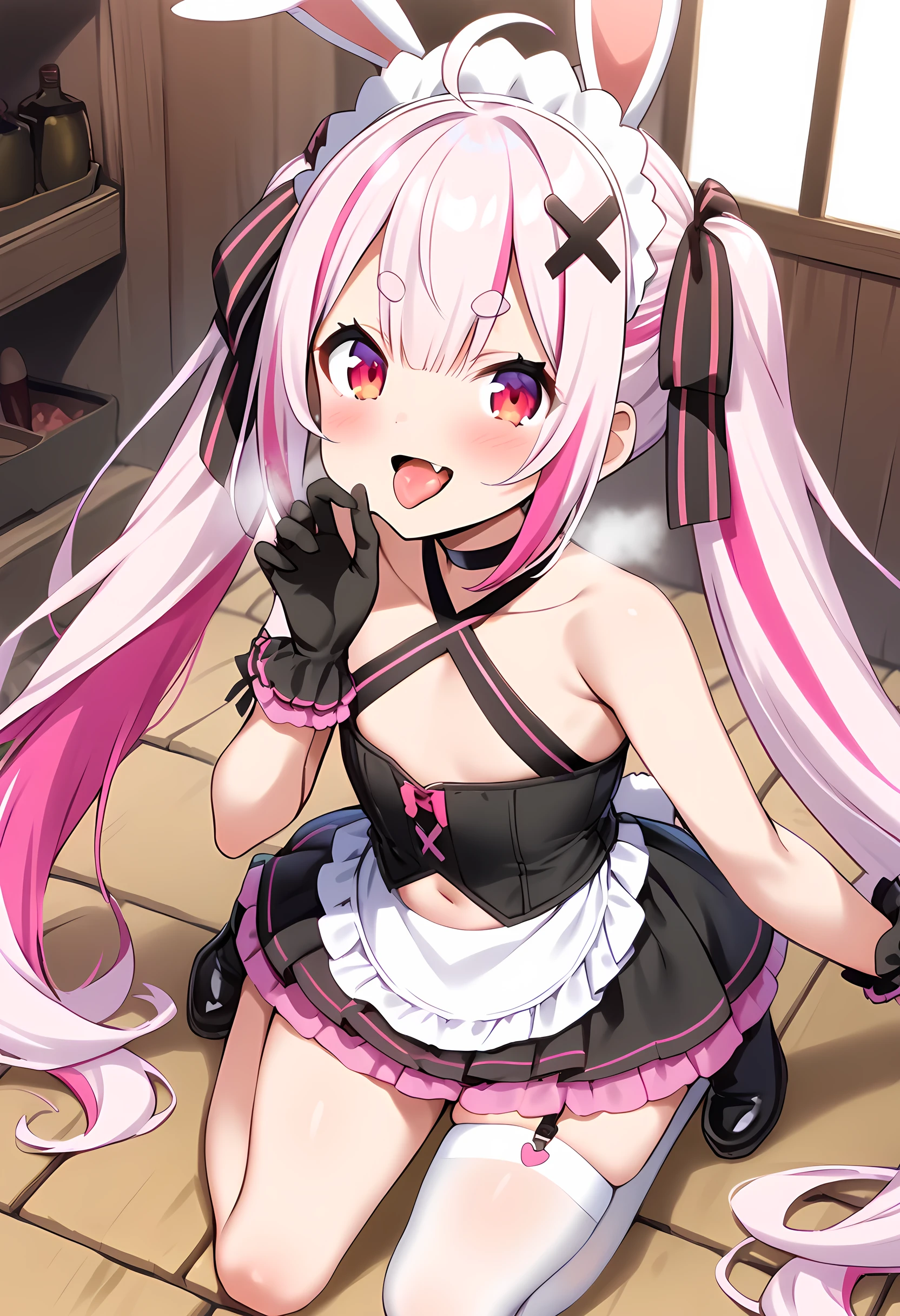 score_9_up,score_8_up,score_7_up,score_6_up,score_5_up,score_4_up,tomari mari, 1girl, virtual youtuber, rabbit ears, long hair, twintails, very long hair, pink hair, two-tone hair, multicolored hair, streaked hair, ahoge, thick eyebrows, short eyebrows, red eyes, a single fang, flat chest, (curvy), x hair ornament, hair ribbon, black ribbon, white headdress, black choker, criss-cross halter, white crop top, yellow necktie, black corset, waist apron, frilled skirt, black skirt, black gloves, frilled gloves, garter straps, single thighhigh, white thighhighs, black footwear,(fellatiogesture),(((kneeling))),in heat,(((mesugaki))),(smile),open mouth,tongue out,(heavy breathing),indoor,in the woodhouse,angle from above,looking at viewer,Character focus,