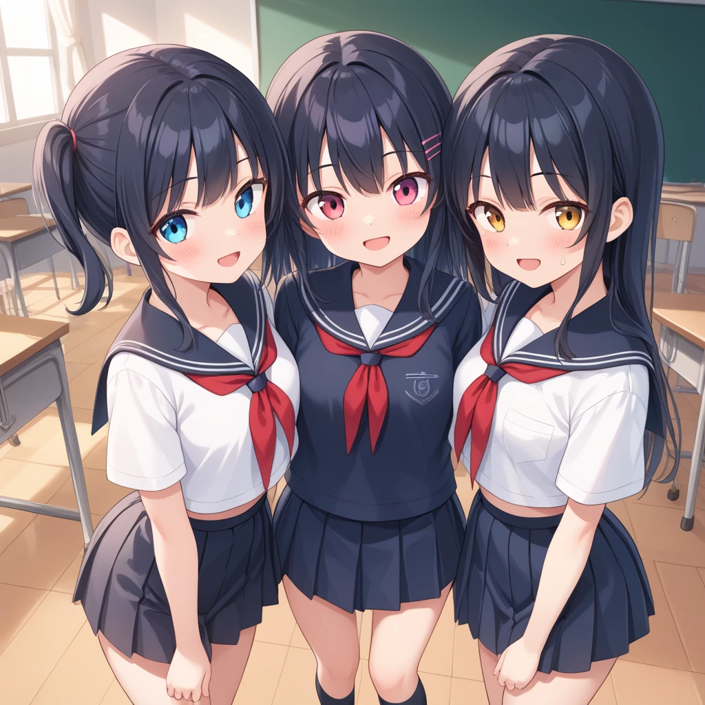 ((Highest quality)), ((masterpiece)), (detailed),Perfect Face,Strong light from the front,With front light,A group of naked junior high school students at school take off their skirts and pants, expose their lower bodies, and spread their legs to show a close-up of their crotches to the camera.,