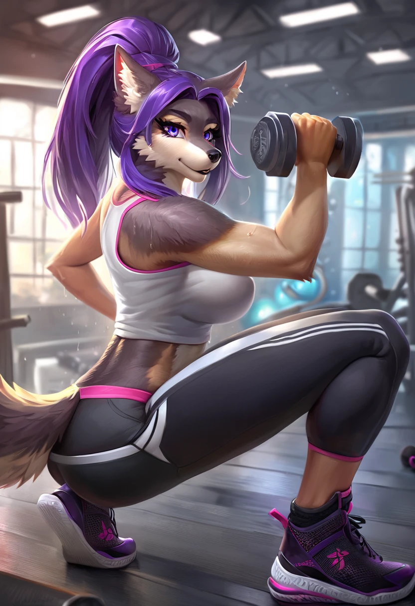 (anthro)) werewolf, Ross Tran, by ruan jia, by zaush, by foxovh, by cutesexyrobutts, by cervina_7, by sligarthetiger, Best Quality, masterpiece,, Illustration, Wallpaper,1girl in, Solo, black hair,ponytail hair, hair black with highlights blue, dot piercings 3 in 2 row down her snoot, purple/pink eyes, Beautiful detailed girl, extremely detailed eye and face, black dragon tattoo on her arm, Beautiful detailed eyes, natural_Lighting, Looking at Viewer, Thick_thighs, big ass, tall, hourglass figure, fit body, abs, muscular, sweaty, female, cute, wearing gym cloths, in gym, bench pressing, lifting bar with weights, view from top to bottom , large breasts, natural breasts, tail, tall, happy expresion, wide hips thin waist, 8k