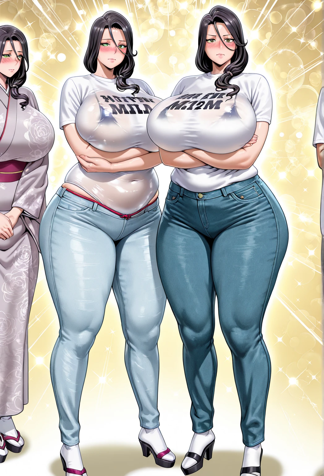 ((best quality)), ((masterpiece)), (detailed) perfect face, thicc woman , beautiful face , thicc girl , widest hips , thick neck, thicc , thick body , thick thighs , huge large breasts , her body is thicc , full body view , dark-black room, black bokeh background, thight dress , wearing sandles, short hairstyle, diamond necklace, wearing a watch, tall woman, restore face, white skin , longest thight pants , glasses , cold vibes, , 4k resolution, japanese goddess
