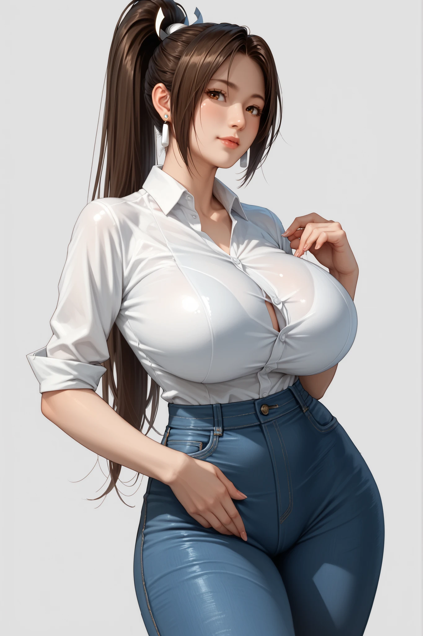 (hyperrealistic), (illustration), (high resolution), (8K), (extremely detailed), (best illustration), (beautiful detailed eyes), (best quality), (ultra-detailed), (masterpiece), (wallpaper), hyperrealistic, hyperrealism, super detail, anatomically correct, (detailed face), solo, 1 girl, wavy blonde hair, (beautiful cute Taiwanese woman:1.7), (beautiful cute JAV Idol woman:1.7), heterochromic eyes, (detailed blue eyes), small moles under the eyes, see-through white shirt, transparent white shirt, black yoga panties, (realistic big breasts:1.5), nipples_are_barely_visible, long legs, tight abs, cameltoe, dynamic pose,