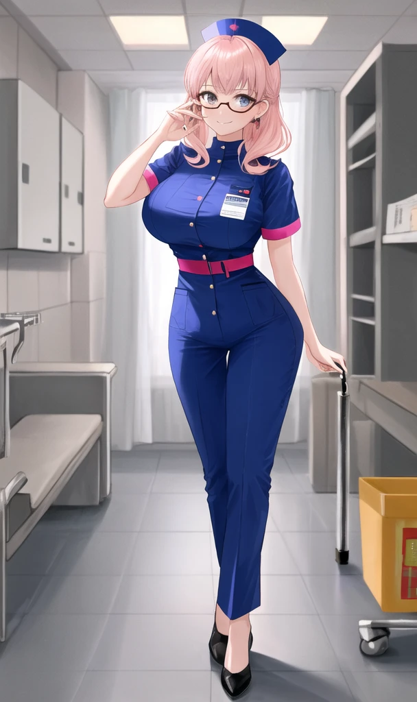 A mature cleaning lady with glasses and black hair in a blue long sleeve jumpsuit puts on large pink rubber gloves in the bathroom and grabs a penis with a look of joy on her face