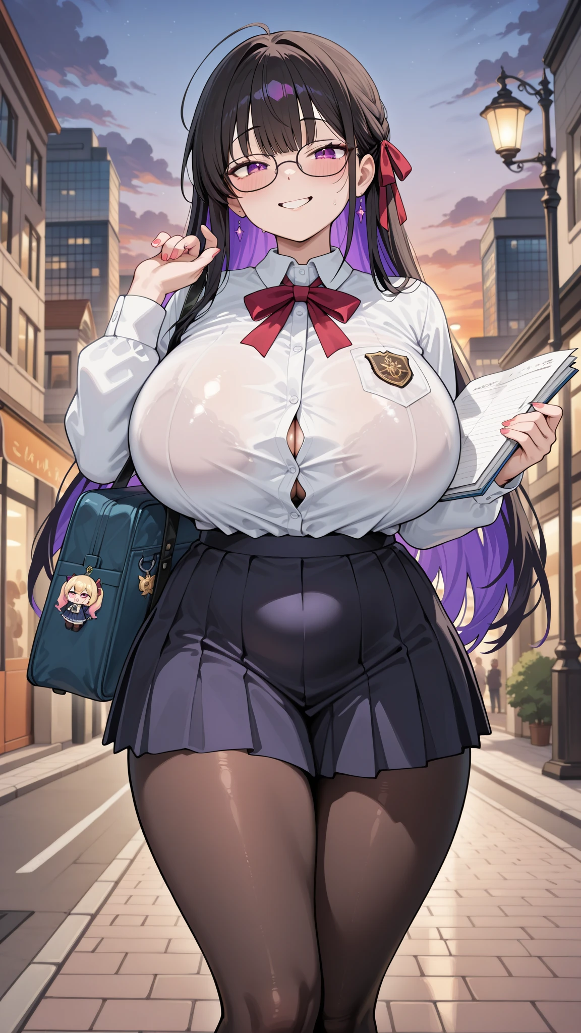 (masterpiece), (最high quality), (Super detailed), Intricate details, Beautiful face and eyes in every detail, Pink Eyes. Yuri Sakazaki, One girl, alone, Purple eyes,, Long hair tied in braids, Purple and blue gradient hair ribbon, fingerless gloves, gloves, pantyhose, Pleats_skirt, Torn trousers, Short sleeve, Browsing Caution, Put your finger in your mouth, Facing the camera and looking back, Fishnet tights. masterpiece. high quality. Anime Girls. Large Breasts. Tight clothing. English Teacher. Classroom Background. Glasses. Big Ass. Formal clothing. Mini skirt. A shirt that shows cleavage. Blushing. Happy expression. Drooling from the mouth. Green Eyes. Leaning forward. High heels.