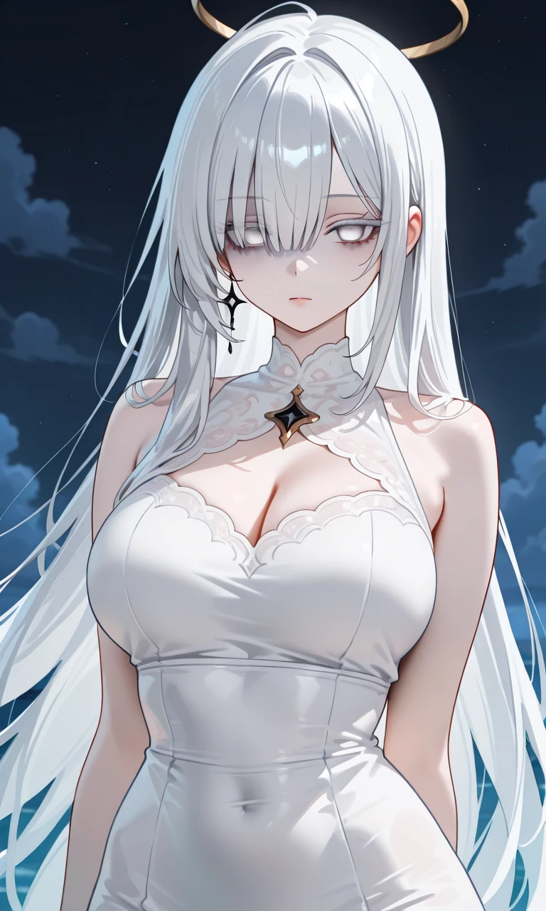 Masterpiece, Very detailed, Ultra-detailed, One, stone-woman - full stone skin and body, medium white hair, silver eyes and women's silver lace lingerie, with huge breasts and around the moon and stars, terrible and terrifying atmosphere
