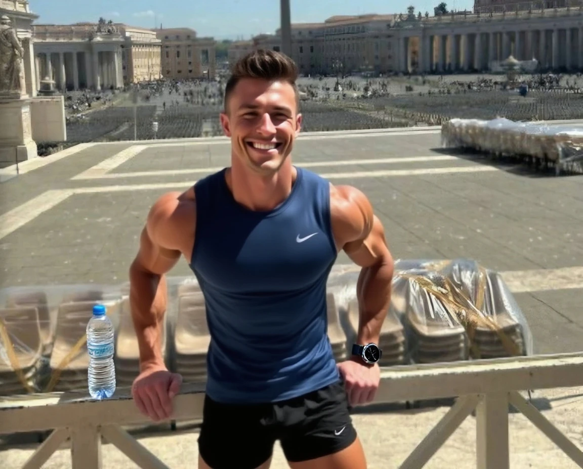 arafed man sitting on a wall with a city in the background, with a city in the background, michal, kacper niepokolczycki, budapest, city in the background, jakub kasper, with a castle in the background, daniel dociu, photo taken in 2 0 2 0, michal mraz, city in background, absurdly massive physique, massive muscles, extremely muscular, big muscle, absurdly muscular physique, hgh, huge muscles, extreme muscles, big muscles, large muscles, very beautiful. big muscles, bodybuilder, very muscular, exaggeratedly large physique, musculine, big wide broad strong physique |