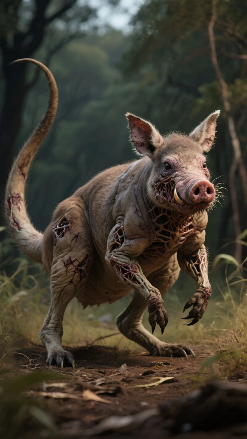 Strong muscular angry muscular white rabbit wearing red shorts eating hideous alligator meat