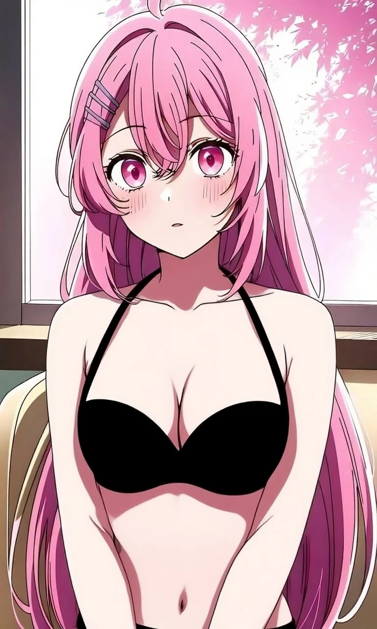 (extremely detailed CG unity 8k wallpaper), (masterpiece), (best quality), (ultra-detailed), (best illustration), (best shadow), (absurdres), 1girl, solo, pefrect face, perfect eyes, shining breasts, close the camera perky tits, vivid colors, cleavage, vivid, mediumbreasts, seductive smile, red lace bra, red lace panties, red lingerie, cameltoe, chika fujiwara, long hair, bangs, blue eyes, bow, pink hair, (hair bow:1.2), blunt bangs, black bow,