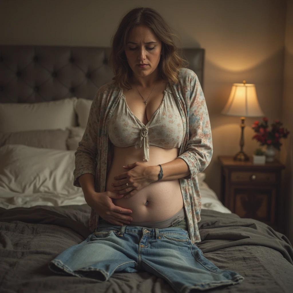 A cinematic snapshot of a woman, with a slightly rounded belly, struggling to zip up her jeans. Her expression is a mix of frustration and determination. The background is a dimly lit room, with rays of sunlight streaming in through a window, casting long shadows. On the bed, there's a pair of shoes and a discarded outfit, hinting at a day of preparation and change. The overall mood is introspective and poignant, reflecting the complexities of life and personal growth., cinematic
