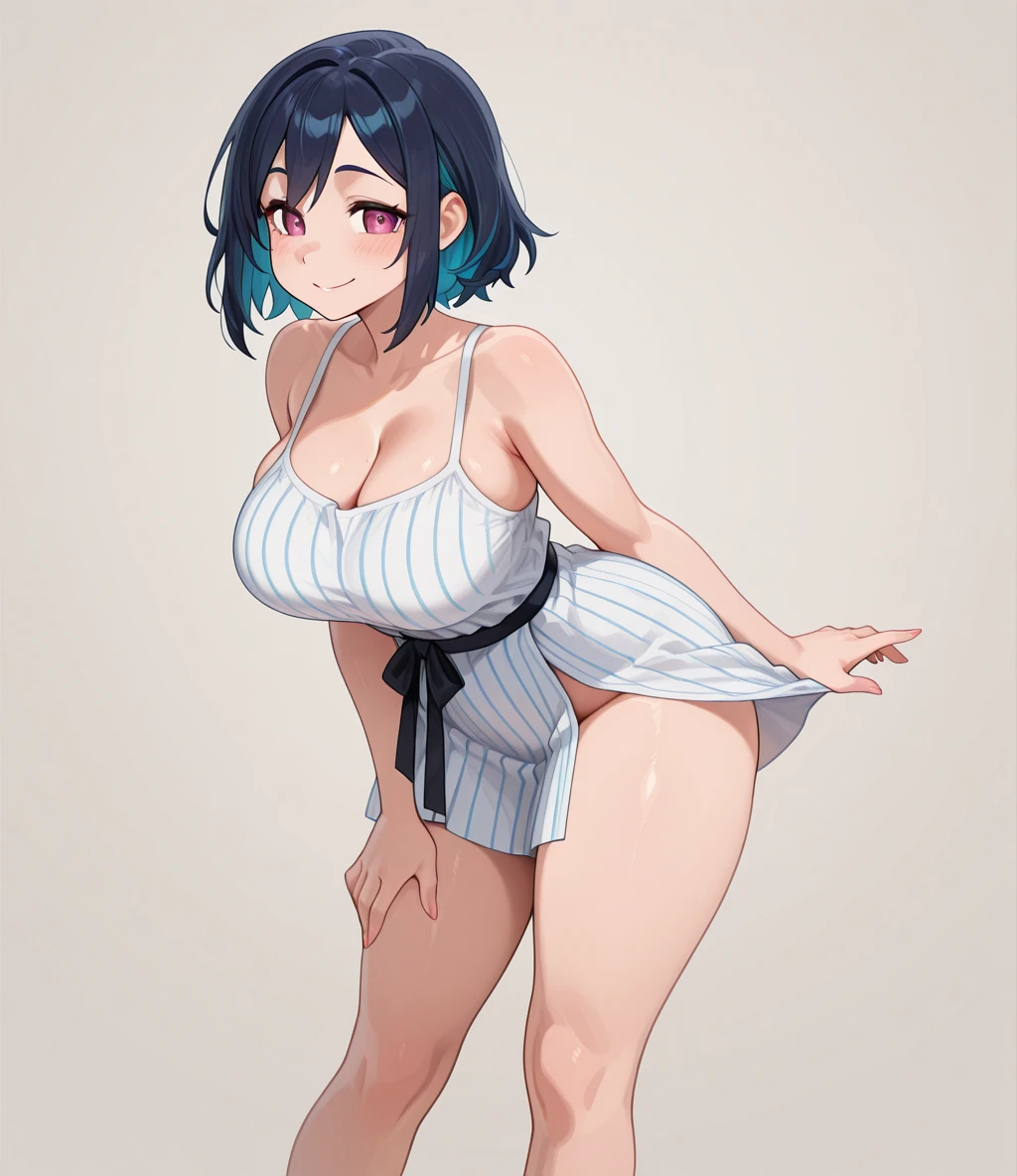 Metallic Colorful swimsuit,1girl,front view,Facing forward,looking at viewer,anime colored,full body,(gigantic breasts),shiny Skin,{bob cut!!,blunt bangs,black Blue Hair},white background