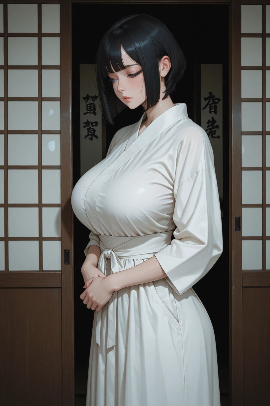 nsfw, masterpiece, extra limbs, 1goddess , age fifties woman 2600 years old, (white absurdly long hair blunt bangs hime cut pubic hair),(((tareme rose eyes))), large breasts large areolas fat body beautiful breasts, (((happy))), nude, standing breast hold,pregnant,pale skin,raven wings,japanese shrine miko,japanese shrine,night