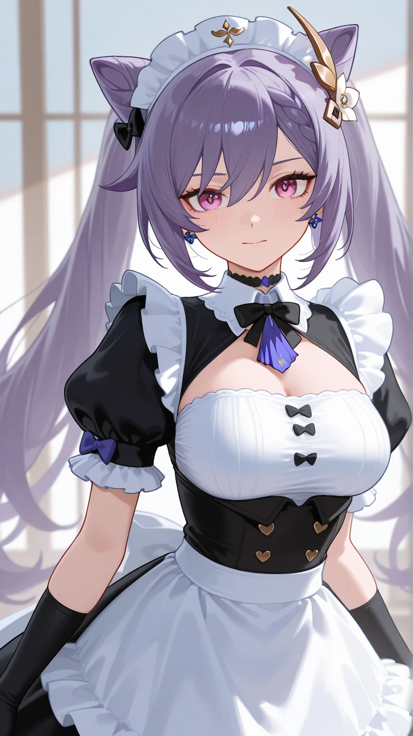 masterpiece, best quality,high resolution, 1girl, bokeh dof, glossy blue eyes, (dark skin:2) ,(Maid clothes:1.5), 1girl , indoor,mansion, Look at viewers, princess cut, cowboy shot, (outer dark brown colored hair, inner bright purple colored hair:1.75),cleavage