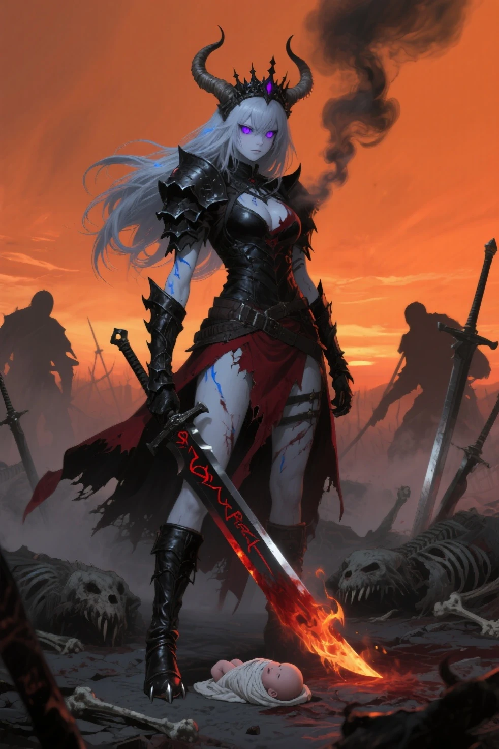 Vampire Viking woman, berserk, viking clothing, red eyes, White hair, dynamic pose,  (with electric guitar, rock guitar in the form of an axe), thunder, red lightning, storm, rain, microparticles, body in runes, dark fantasy, death metal, vampire aura, scandinavian runes, blood splashes,Cel-shaded, detailed, Arcane Animated Series Style, borderlands game style