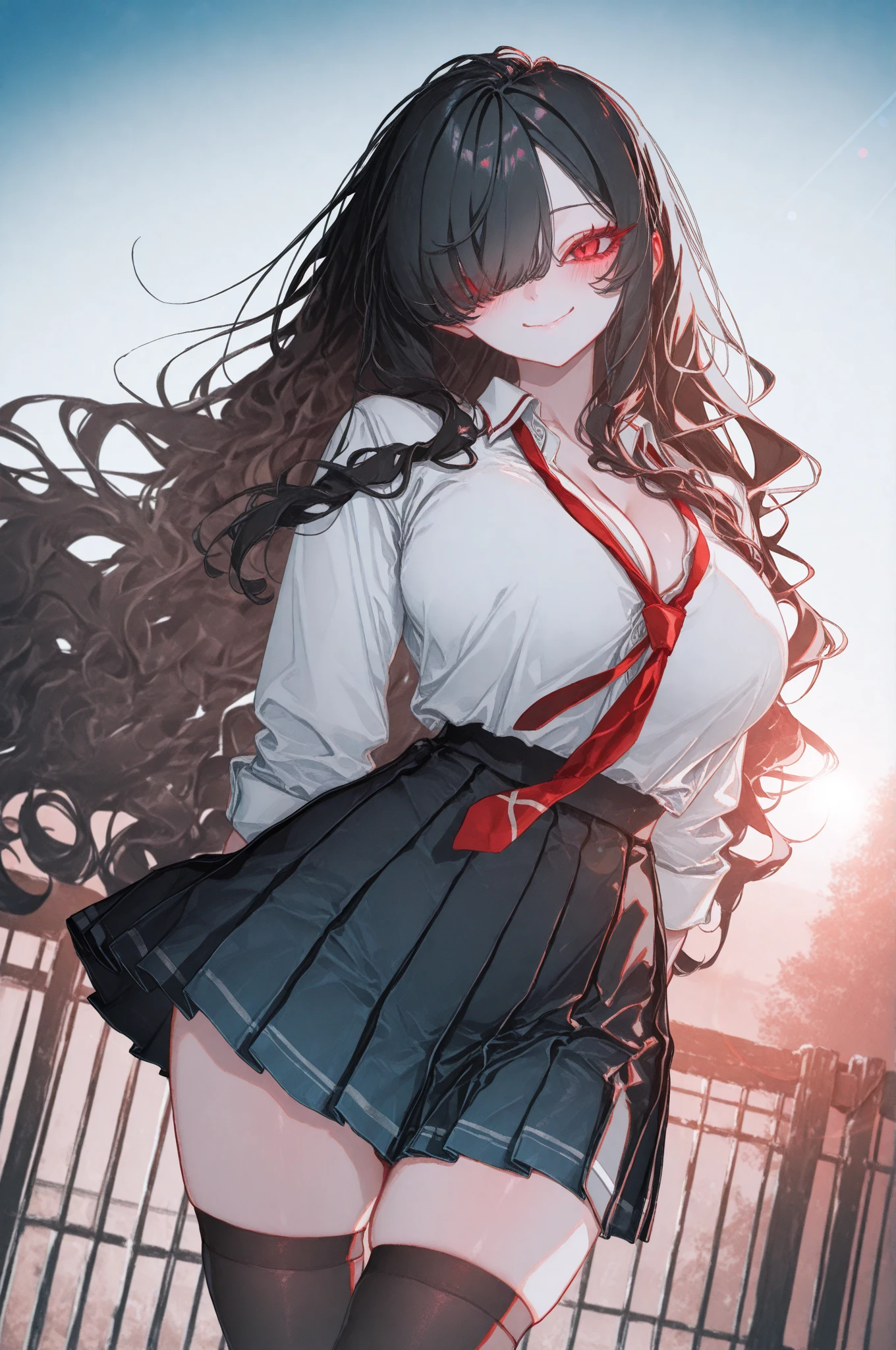 black long hair、white formal shirt、Red short tie、camel toe、stained glass background、black detailed eyes