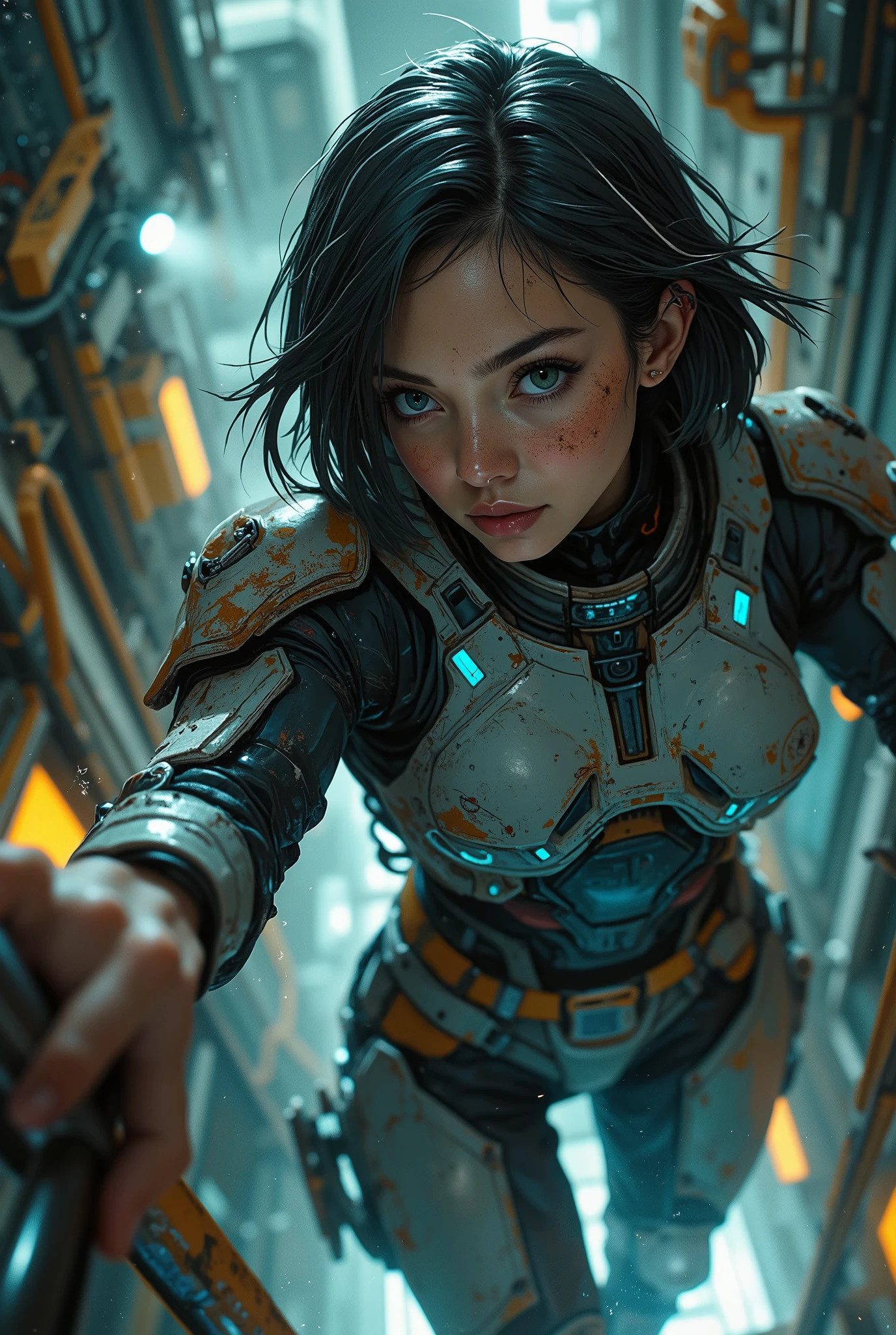 cyberpunk, anime, action shot, sci-fi, maintenance shaft, ladder, extreme close-up of face, high angle looking down at face, focus on face and hands, 1female, perfect hands, A futuristic soldier wearing advanced sci-fi armor climbing a metal ladder inside of a maintenance shaft, The armor is battle-worn, scratched from previous missions, with glowing blue accents. The shaft is lined with flashing lights, access ducts, and flickering holographic interfaces. A faint mist of coolant vapor drifts through the air. she has a focused, war-hardened face. Cinematic lighting, volumetric shadows, hyper-detailed textures, 4K, dramatic sci-fi atmosphere. 1female , sexy, 20yo, face (detailed, gorgeous, perfect, flawless, stunning), armor, eyes (light blue eyes), hair (short, straight, black hair with white streaks),