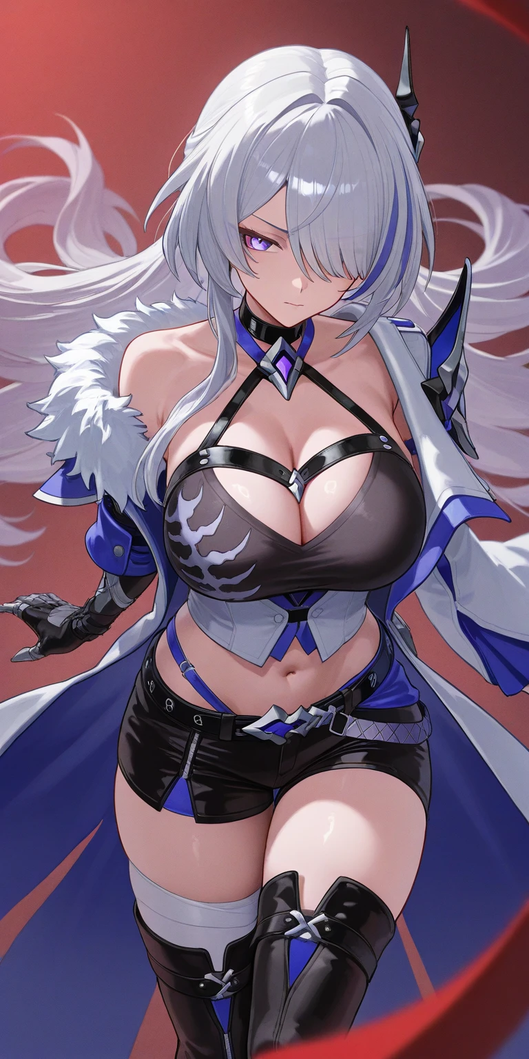 white hair, blue eyes, solo, smiling, standing, upper body, hips, gigantic breasts, black clothes