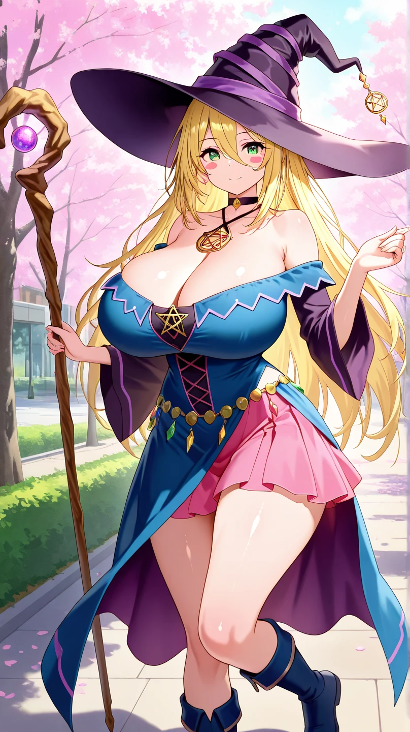 (high detailed) a 47 yo's woman, extremely large huge hairstyle, two toned hair, highly detailed pink Sharp eyes, furious expression, witch hat, busty, gorgeous body, purple witch clothes, Long sleeves, large lenght skirt, background a dead-forest