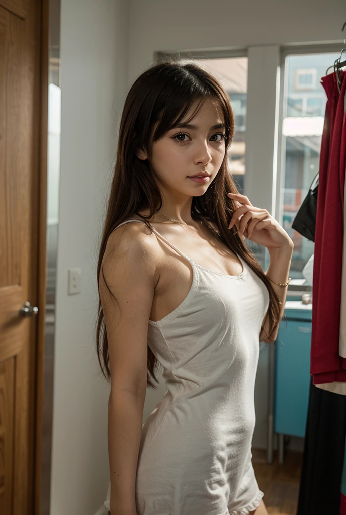 (8K high image quality), (top-quality), (RAW image quality),(masutepiece:1.2), (Realistic), (Photorealistic:1.37), Goose egg face,largeeyes,long eyelasher,Exquisite（Live-action realistic style）,The Ultimate Face,Photorealistic light and shadow,Clear facial features,milky skin,Fair skin, highdetailskin,Realistic skin details,Visible Pore,（Super Detail）,Hair length is random, （Flowing hair）,Shoot for viewers,Shot from a short distance,Ultra-detailed, 1girl in, Cute,Beautiful detailed eyes, beautiful detailed nose, highlydetailed skin,Full body,I can see the cleavage ,(eyecontact),(Colossal tits、Breast Abundance)、(Beautiful face with double eyelids),((fullbody image)), (Realism: 1.4),High image quality, excellent details, Ultra-high resolution, (Realism: 1.4),  The best illustrations, favor details, Highly condensed 1girl,delicate and beautiful face, 1girl in、20yr old、(Beautiful Face 1.4)、A slender、((Beautiful woman in t-shirt,I don't wear anything except a t-shirt)),extra detailed face、Too clear white skin、((Show your viewers your best smile))、dynamic ungle、Magnificent scale,((Full body shooting)),Slender Body Style),(On a surprisingly crowded train),Model-like standing,very clean feet,Stand with your legs slightly apart