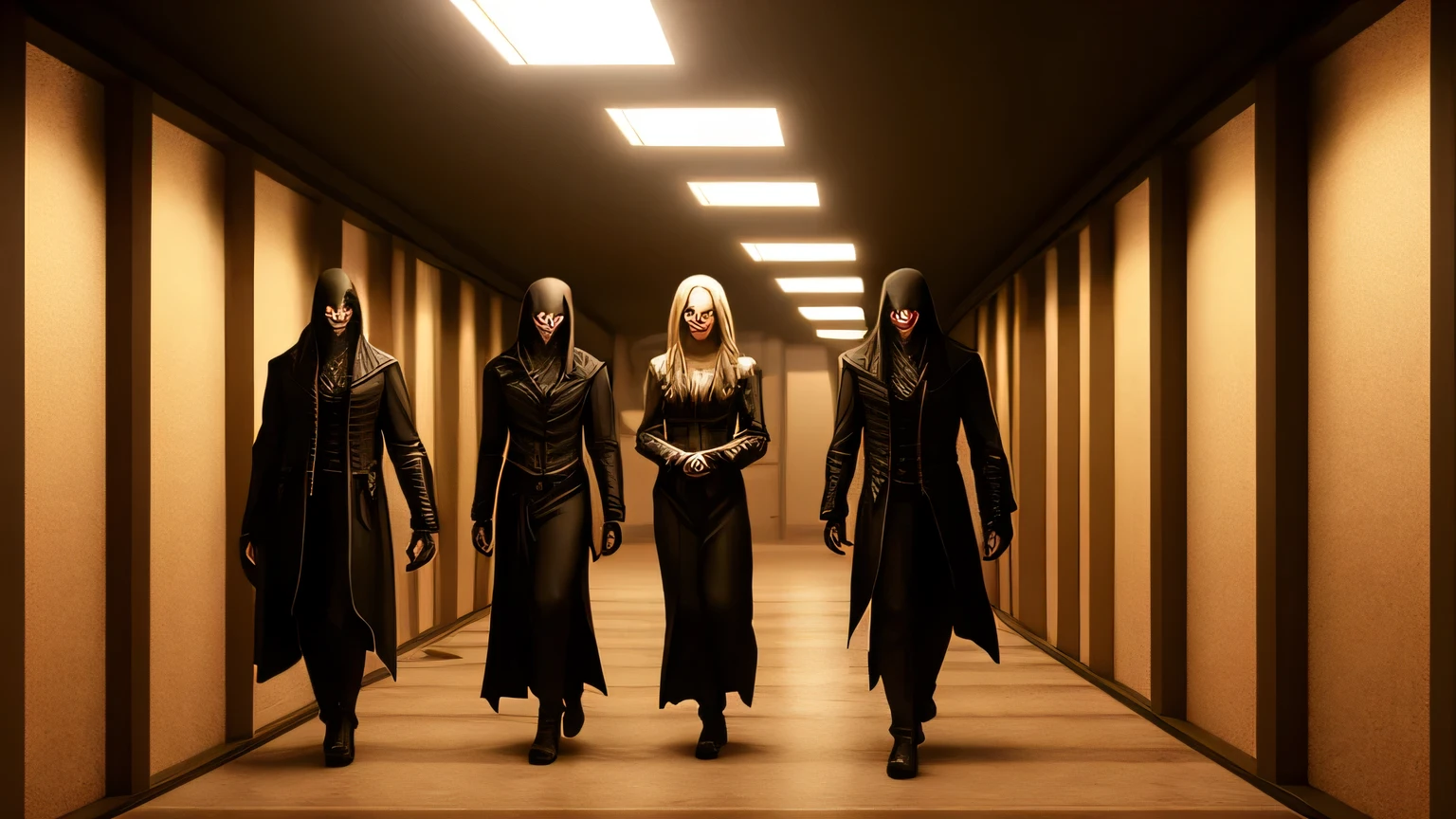 3 vampires wandering through the office hallway at night，photorealistic，4ｋ、Terrible appearance 、