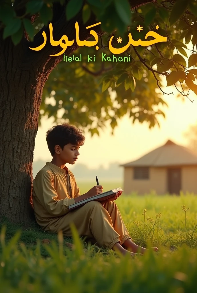 A boy sitting in chair and in wall Raj has been written