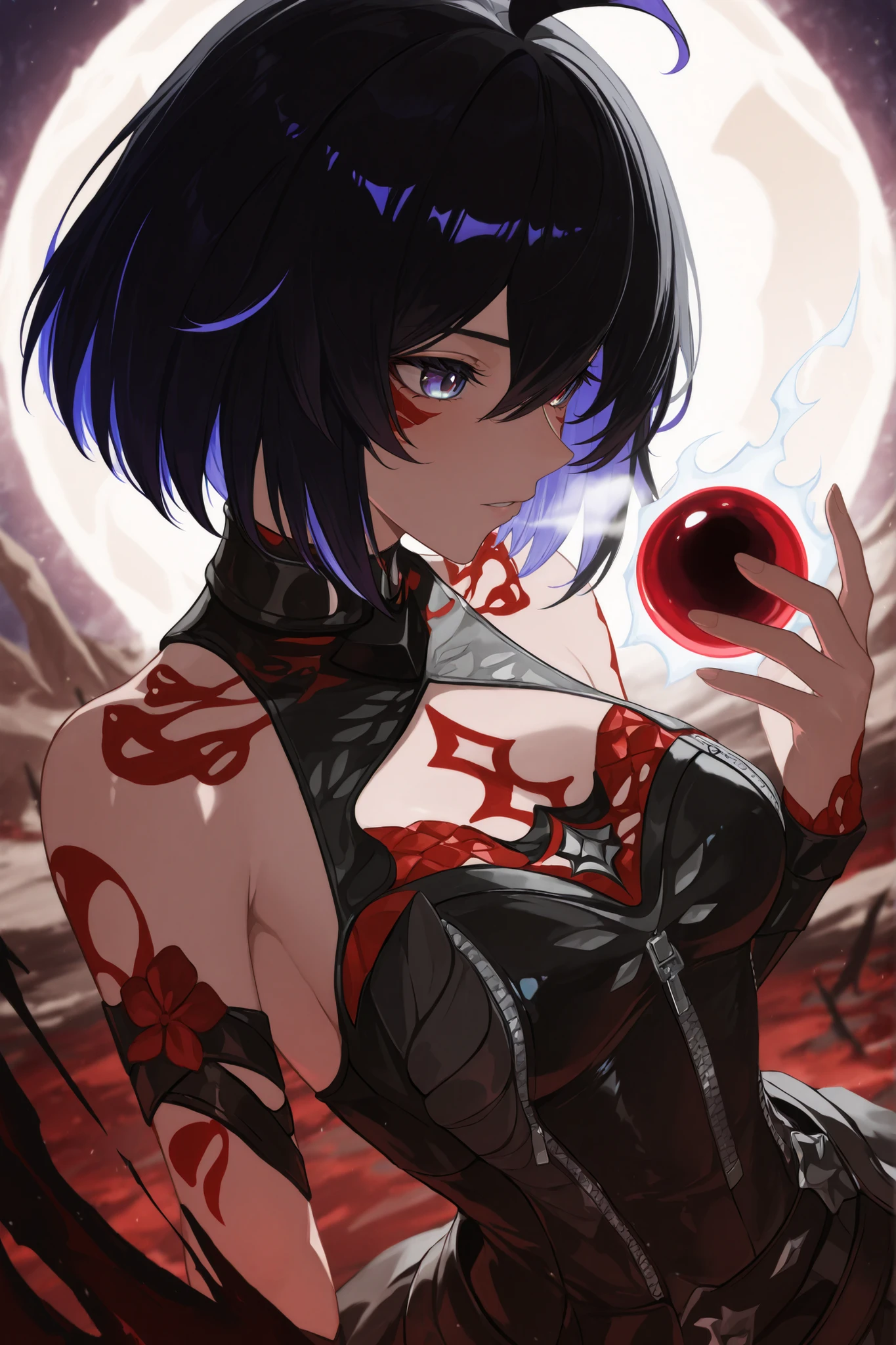 ((apenas)), (seele   :1.2), Aquecer, Hand in red orb, Beautiful woman with tattoos all over her body, black hair red details , cabelo curto, cabelo desgrenhado, sidelocks, levado, white breath, multicolored eyes, olhos brilhantes, seios grandes, zipper, decoration scales, bright white aura, parte superior do corpo, ao ar livre, Mundo diferente, ridiculous masterpiece, cor fria, alto contraste,  is extremely absurd, com alto contraste, sem bug